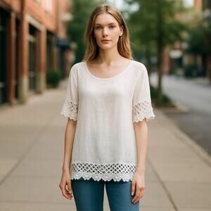 LUNGO LARNO Top Womens M 100% Linen Crochet Trim White Boho Peasant Cottage Core